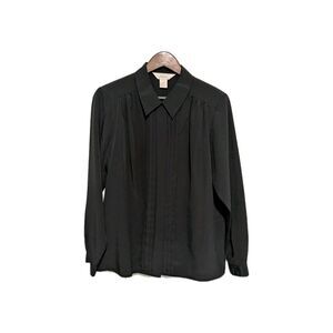 Vintage 80s Black Poly Pleated Front Secretary Blouse 12 L Padded Shoulder